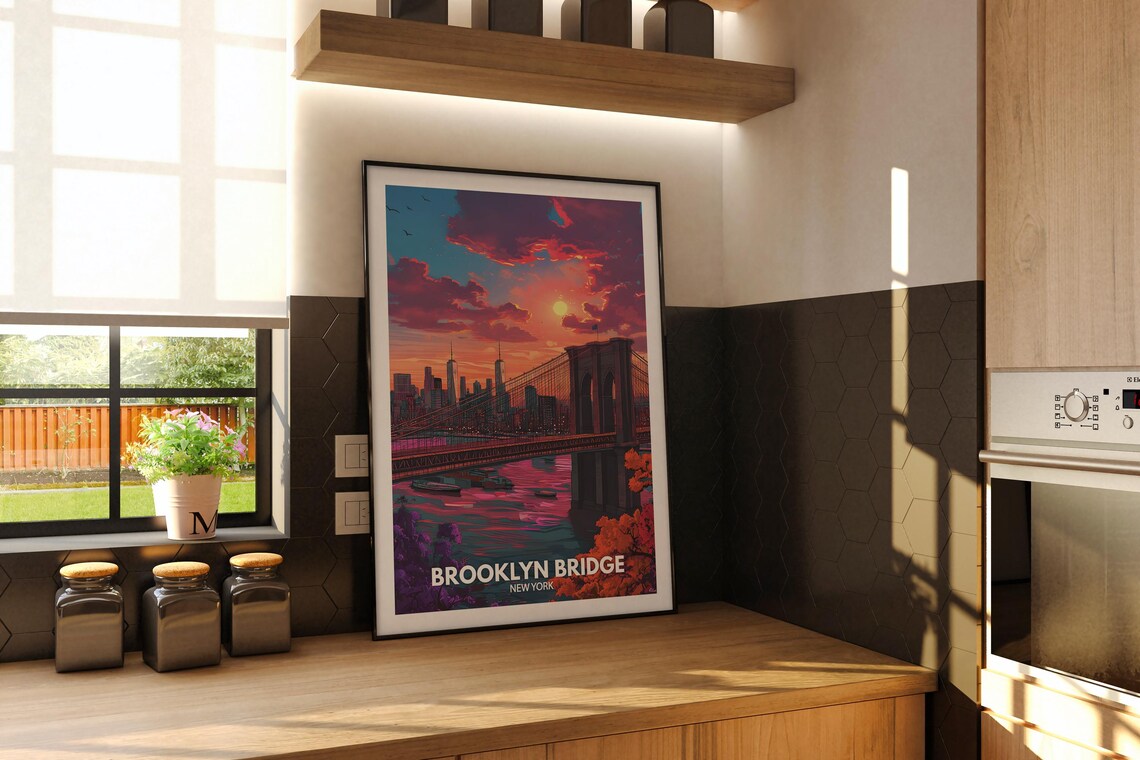 Brooklyn Bridge New York City Sunset Skyline Travel Art Poster - Image 2