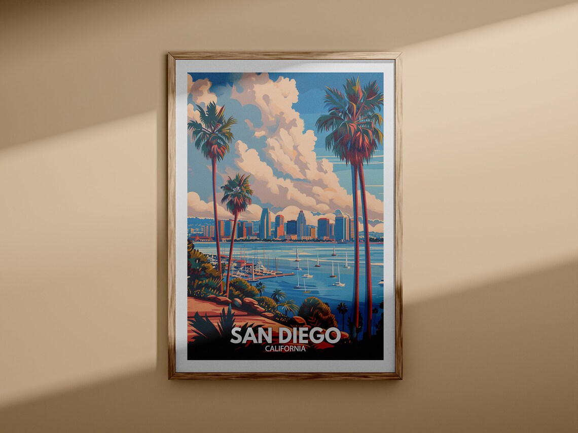 San Diego California Palm Tree Bay Skyline Vintage Travel Poster - Image 3