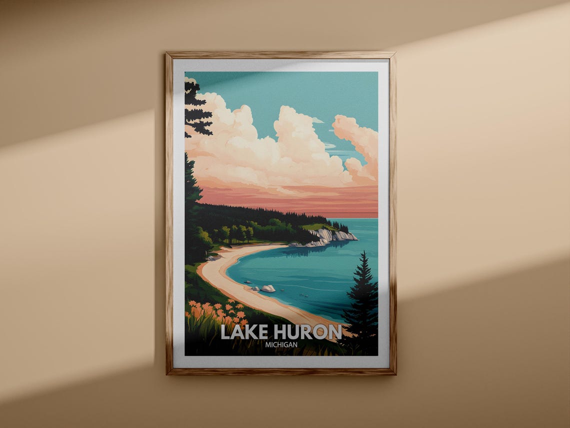 Lake Huron Michigan Sunset Beach Pine Shoreline Retro Travel Poster - Image 3