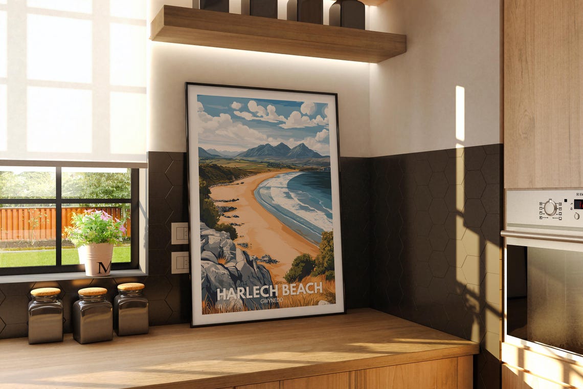 Harlech Beach Gwynedd Mountain Backdrop Golden Sand Vintage Poster - Image 2
