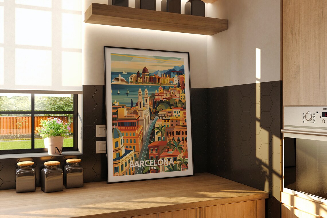 Barcelona Spain Colorful Harbor Cityscape Art Illustration Travel Poster - Image 2