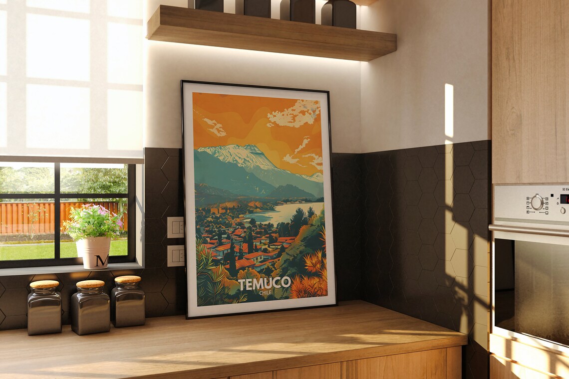 Temuco Chile Snowcapped Volcano Lake Town Vintage Travel Poster - Image 2
