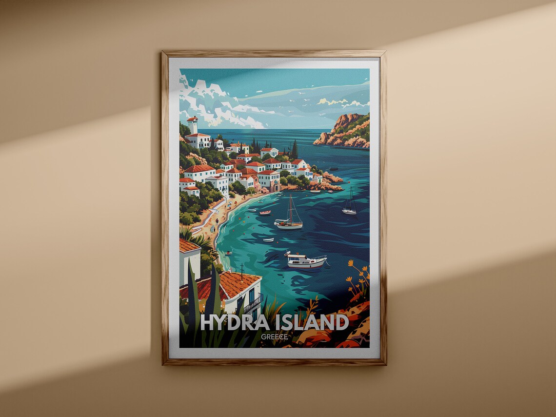 Hydra Island Greece Harbor Sailboats White Houses Travel Poster - Image 3