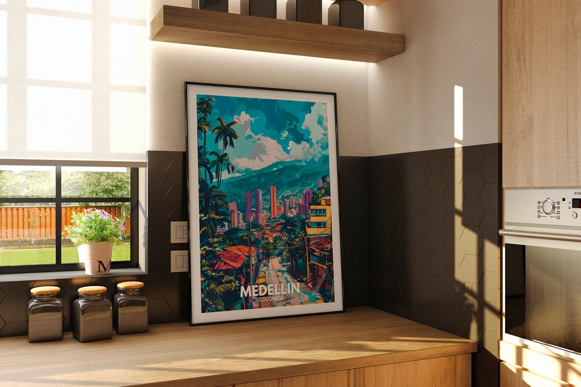 Medellin Colombia Colorful Hillside Street Mountain View Poster - Image 2