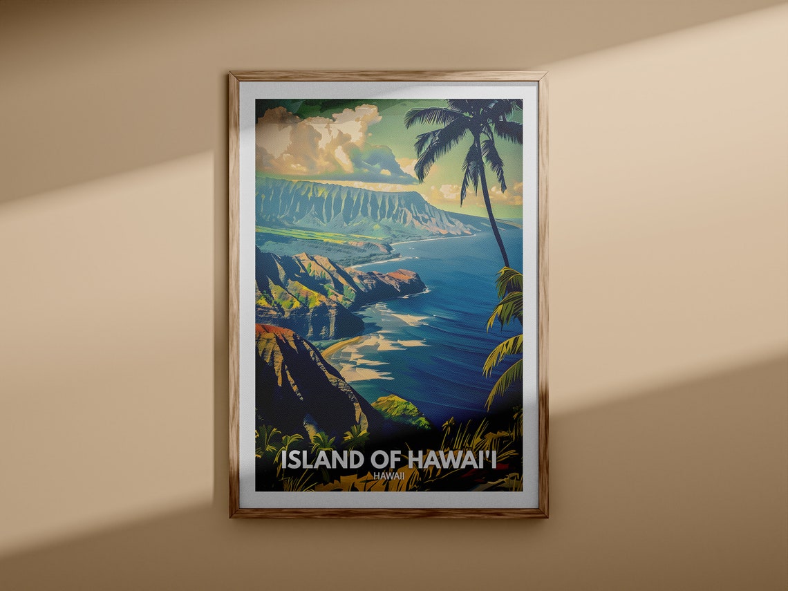 Island Of Hawaii Volcanic Cliffs Palm Trees Ocean View Travel Poster - Image 3