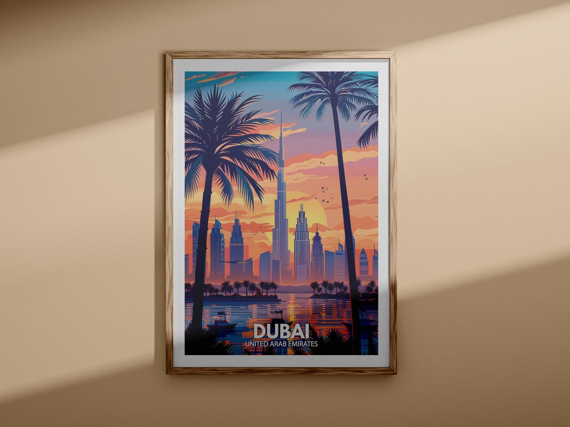 Dubai UAE Sunset Skyline Palm Trees Waterfront Travel Poster - Image 3