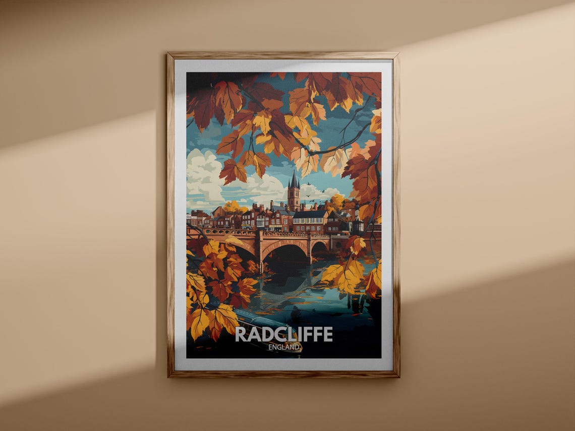 Radcliffe England Vintage Travel Poster Autumn Bridge View Scene - Image 3
