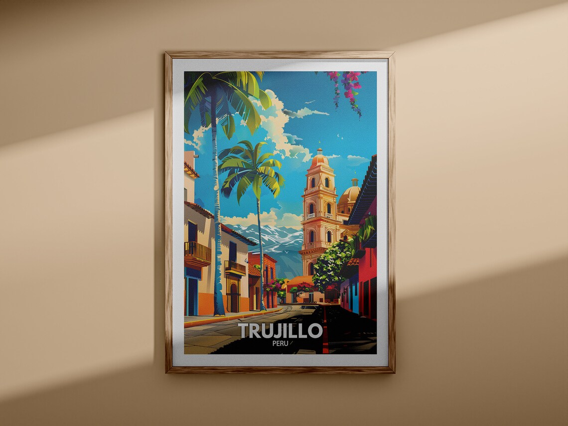 Trujillo Peru Church Tower Palm Lined Street Vintage Travel Poster - Image 3
