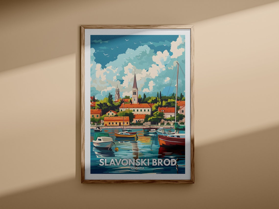 Slavonski Brod Croatia Charming Harbor Boats and Church Spire Poster - Image 3