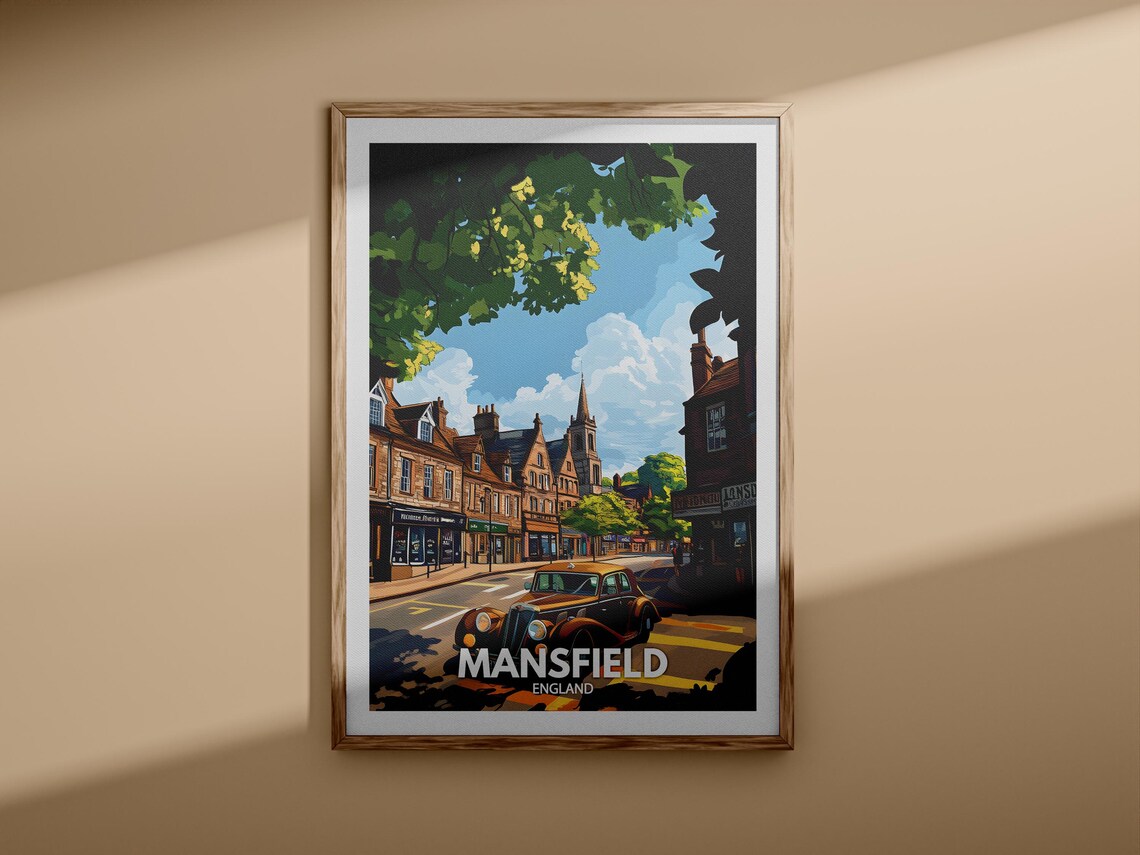 Mansfield England Vintage Car Street Church Spire Retro Travel Poster - Image 3