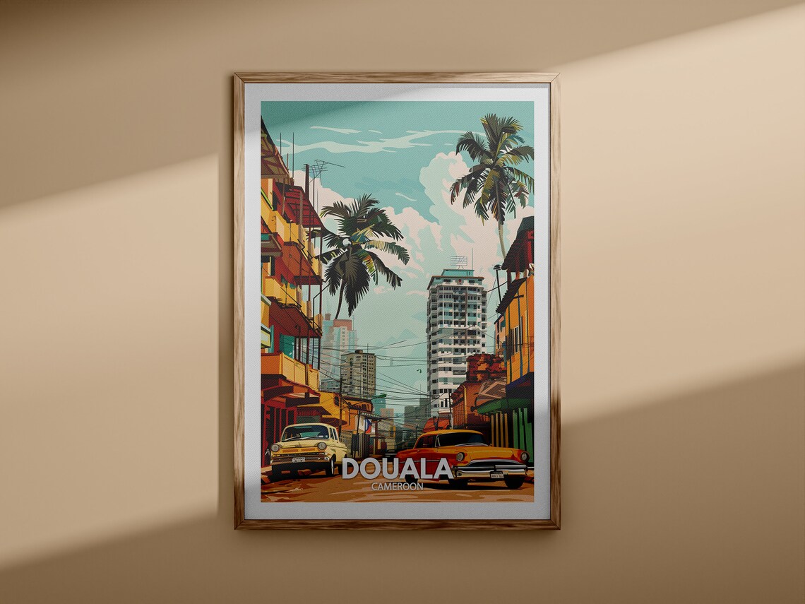 Douala Cameroon Vintage Cars Palm Street City Scene Travel Poster - Image 3