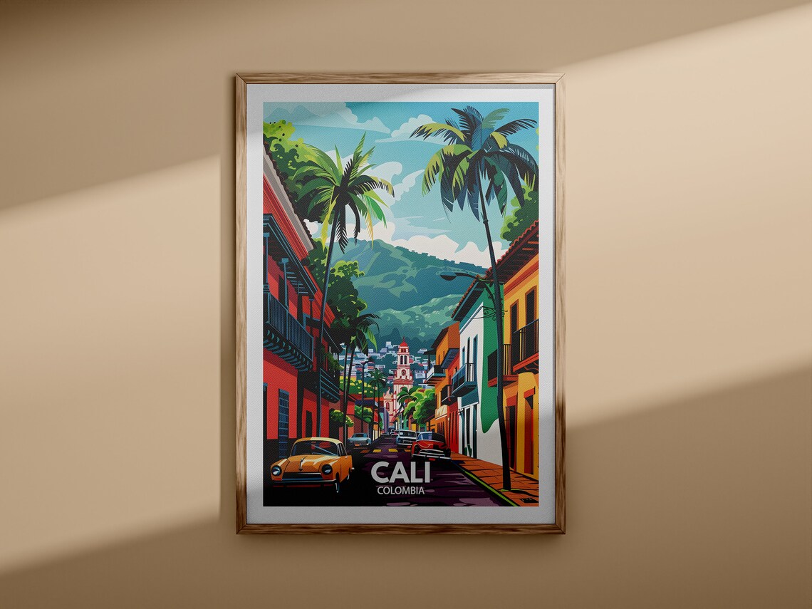 Cali Colombia Colorful Street Palms Mountain City Fiesta Travel Poster - Image 3