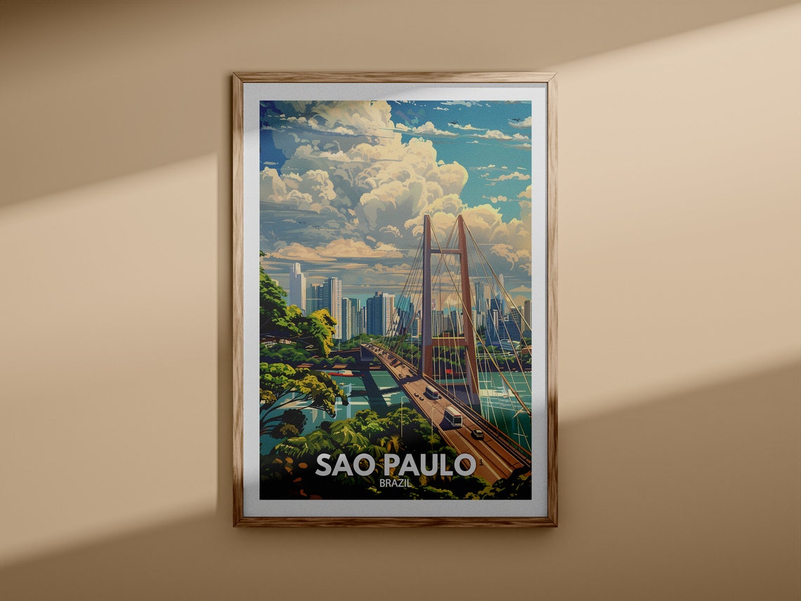 Sao Paulo Brazil Cable Stayed Bridge Skyline City Travel Poster - Image 3