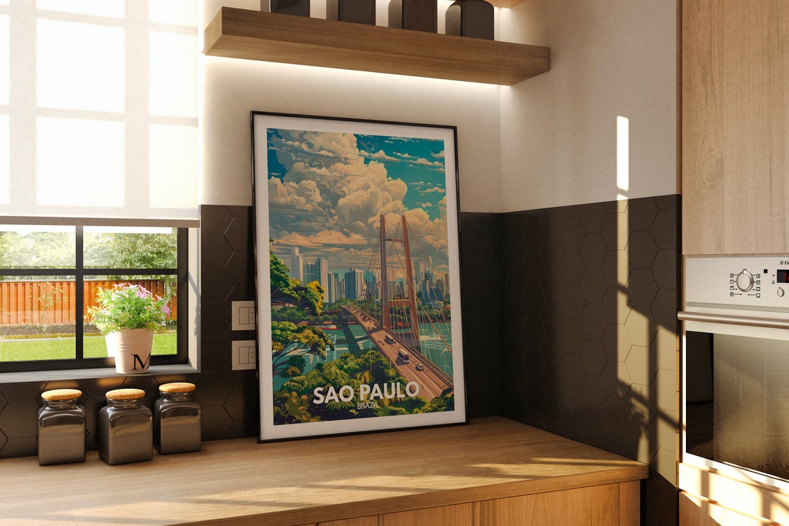 Sao Paulo Brazil Cable Stayed Bridge Skyline City Travel Poster - Image 2