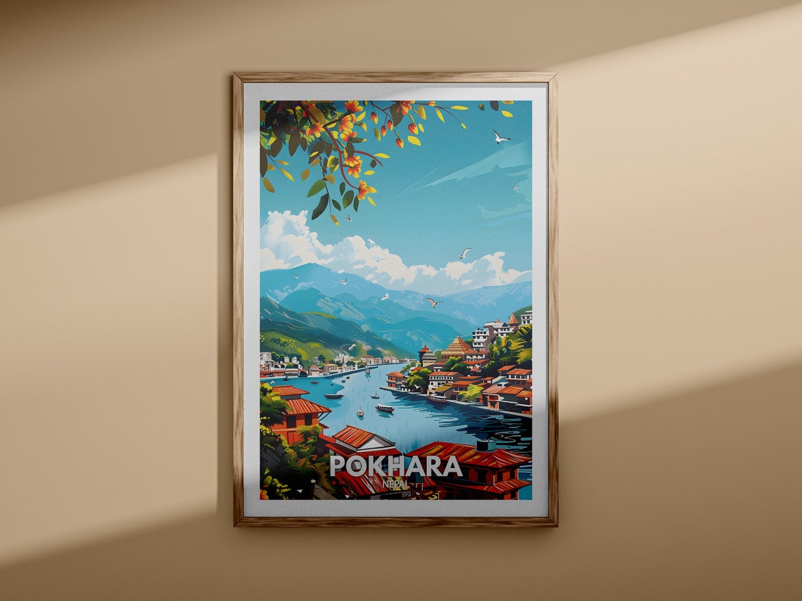 Pokhara Nepal Travel Poster Mountain Lake Red Rooftop Townscape Art - Image 3