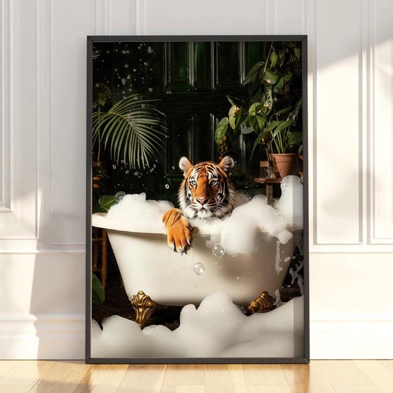 Tiger In Bathtub Art Print Tiger Poster Bathroom Wall Art Trendy Decor Funny Posters Bathroom Decor Tiger Botanical Prints Bathroom Prints