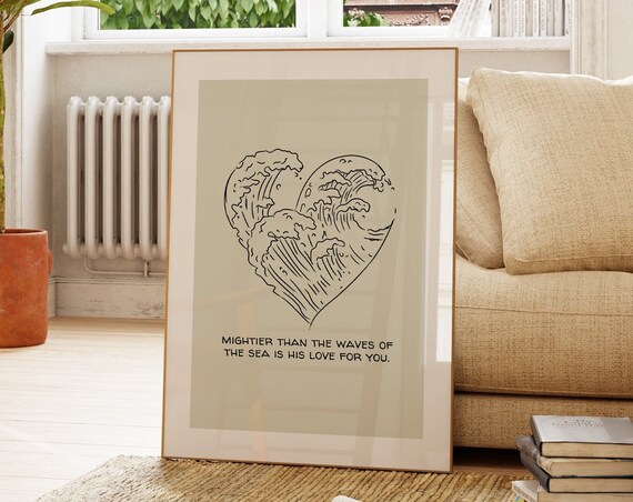 Mightier Than The Waves Heart Ocean Line Art Psalm 93 Poster