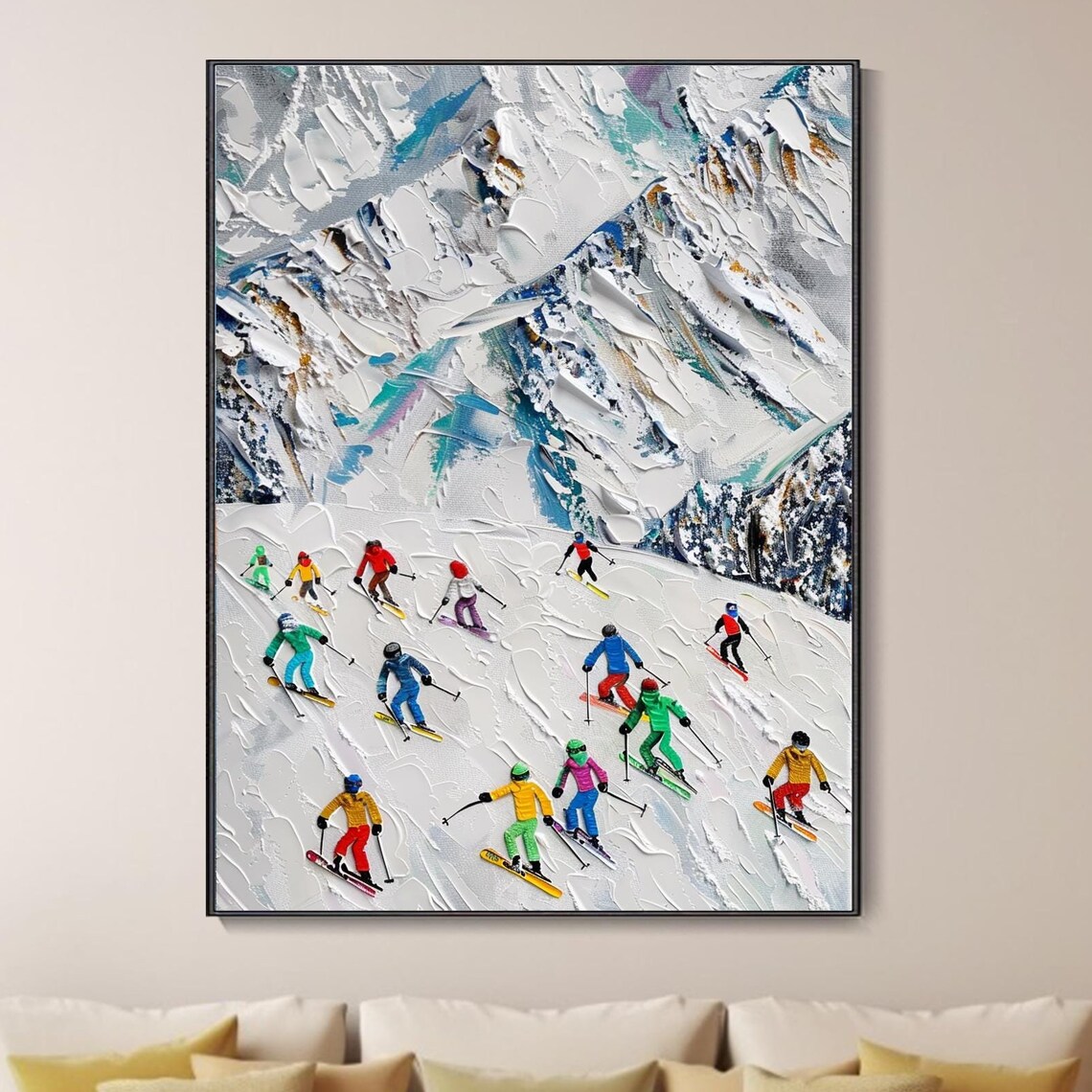 Group of Colorful Skiers Racing Down Snowy Mountain Sports Poster