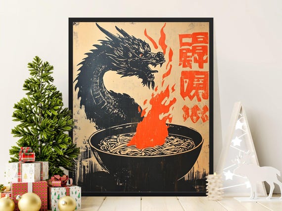 Dragon Ramen Poster Japanese Noodle Art Print Unique Kitchen Decor Ramen Shop Wall Art Dragon Fire Illustration Bold Color Artwork
