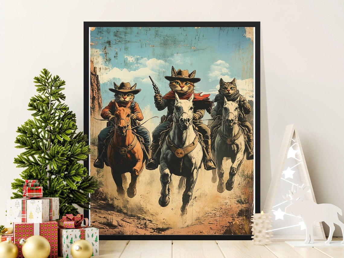 Three Cowboy Cats Riding Horses Desert Chase Vintage Western Poster