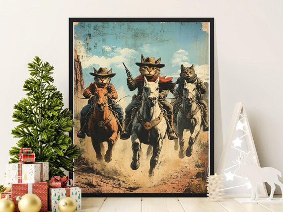 Three Cowboy Cats Riding Horses Desert Chase Vintage Western Poster