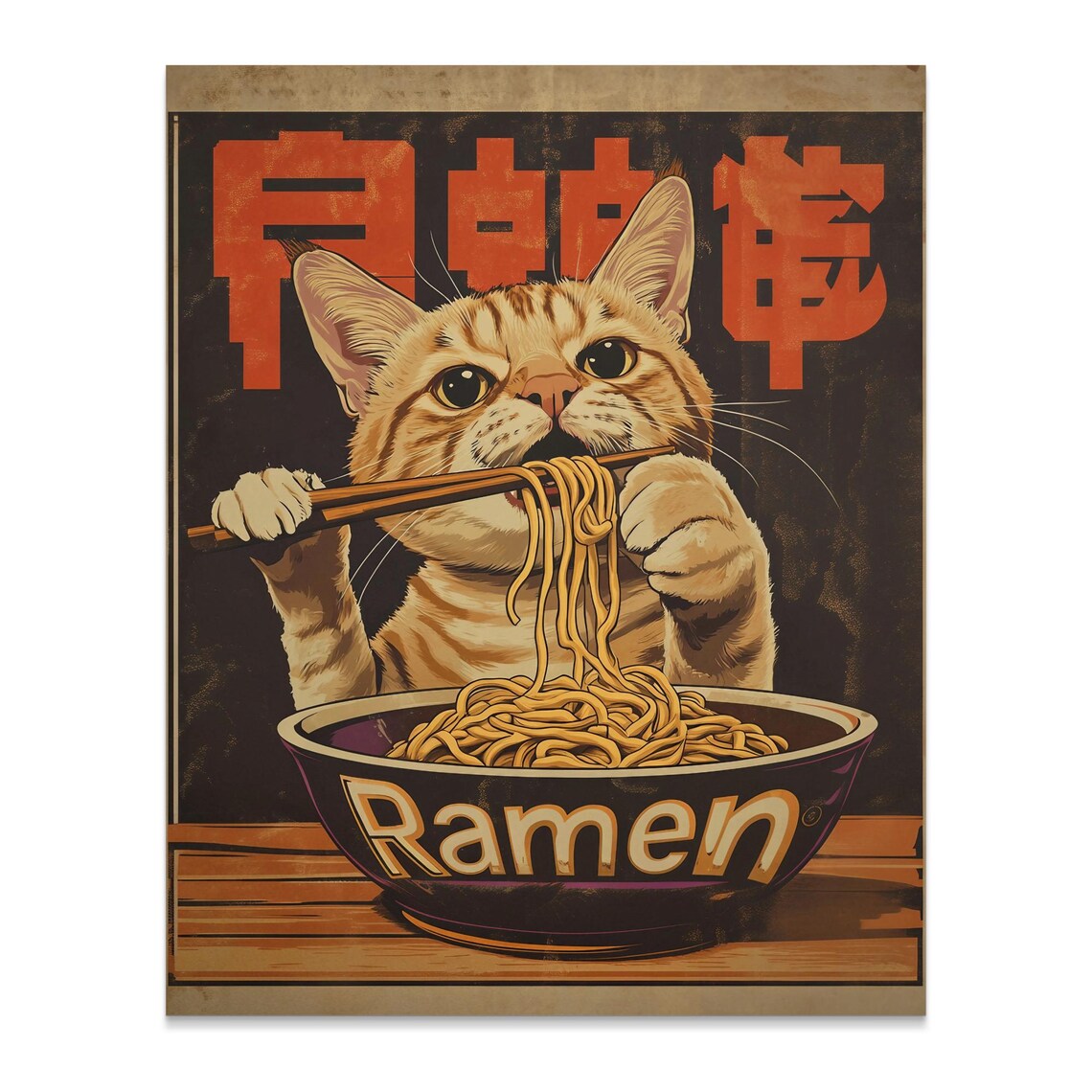 Cute Orange Kitten Eating Ramen Noodles With Chopsticks Japanese Art Poster - Image 2