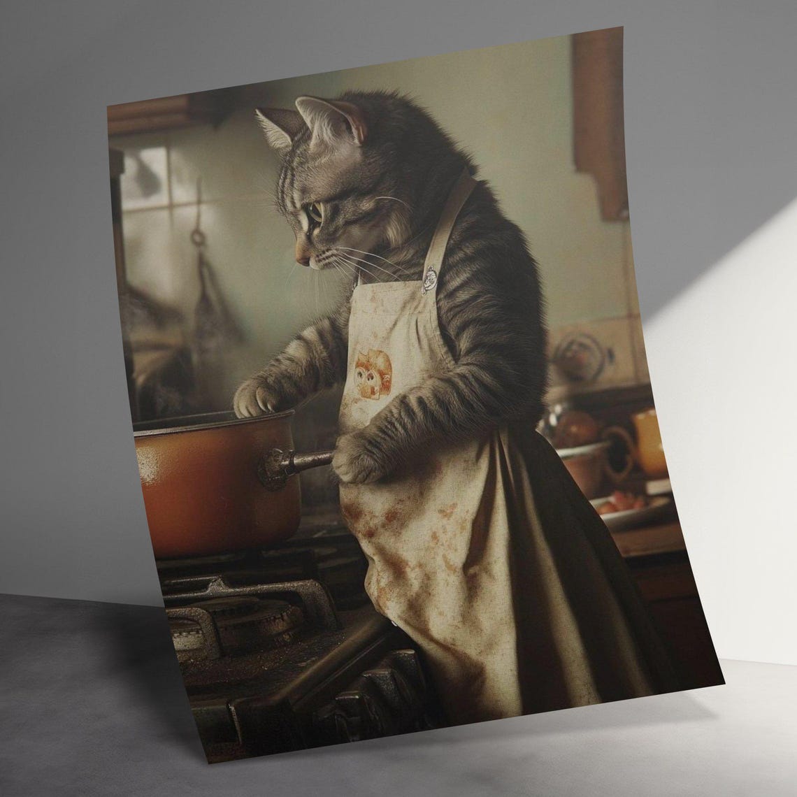 Cat Chef In Apron Stirring Pot Rustic Kitchen Cute Cooking Wall Art - Image 3