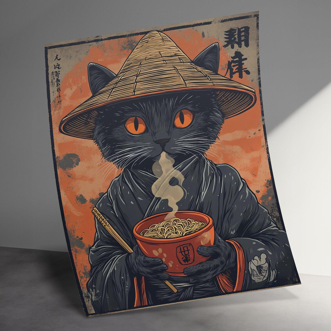 Ninja Cat Eating Ramen With Chopsticks Japanese Noodle Art Poster - Image 3