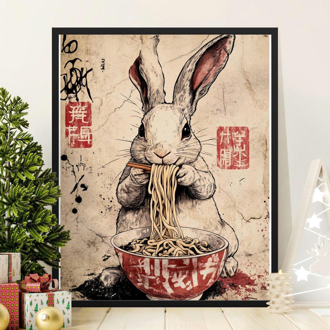 Charming White Rabbit Eating Ramen Vintage Japanese Style Art Poster