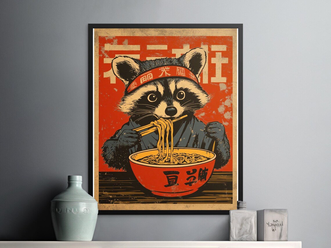 Kawaii Raccoon Eating Ramen Headband Retro Japanese Wall Art Poster - Image 2
