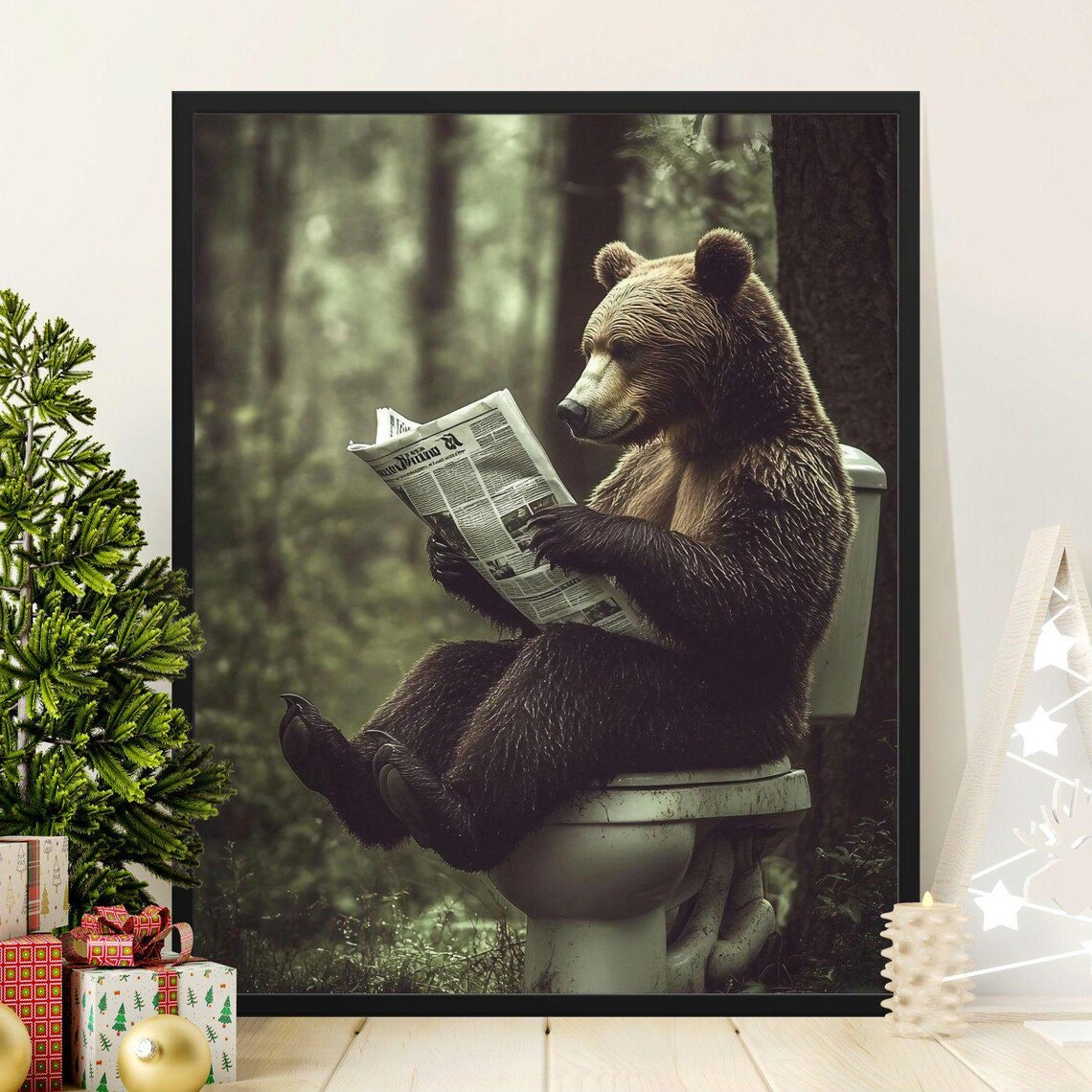 Bear Reading Newspaper On Toilet In Forest Funny Bathroom Poster