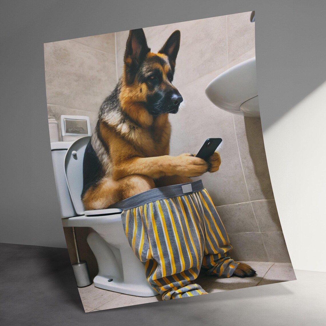 German Shepherd On Toilet In Pajama Pants With Phone Funny Dog Poster - Image 3