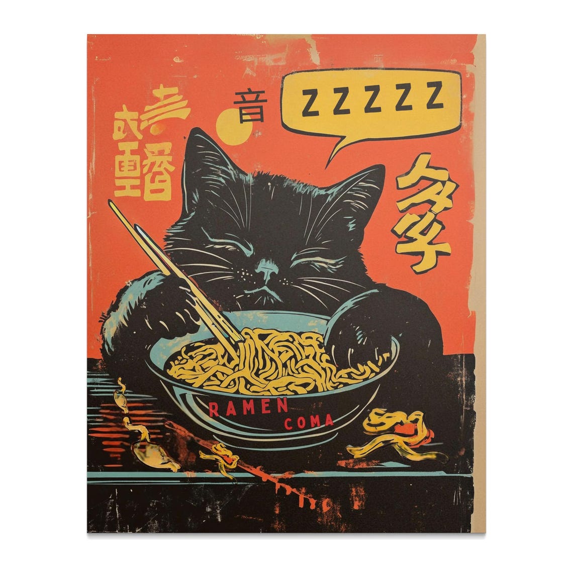 Ramen Coma Sleeping Black Cat Vintage Japanese Foodie Poster - Image 3