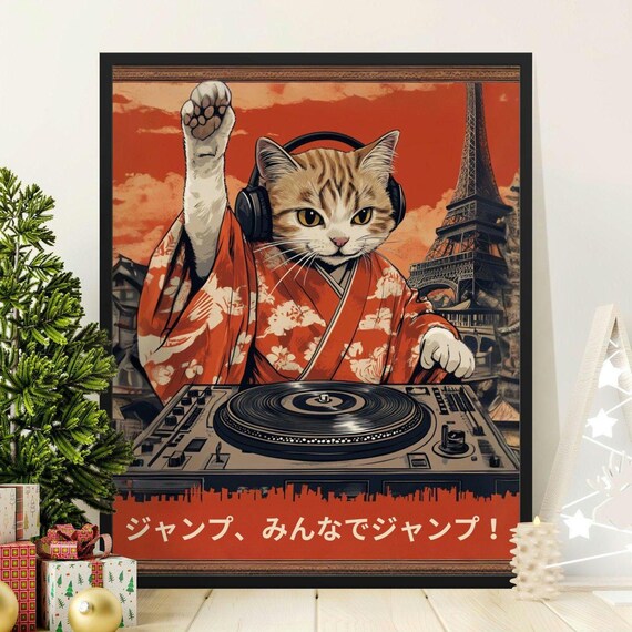Cool Cat DJ Headphones Kimono Eiffel Tower Japanese Retro Art Poster
