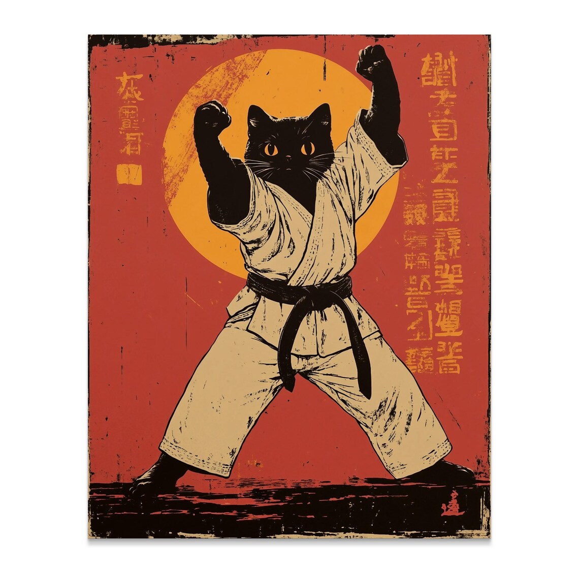 Fierce Black Cat Karate Stance Retro Japanese Martial Arts Fighter Poster - Image 2