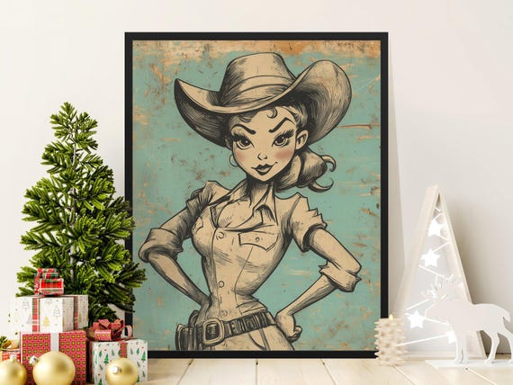 Vintage Western Pin Up Poster Retro Cowgirl Wall Art Rustic Americana Home Decor Country Style Illustration Print Wild West Artwork