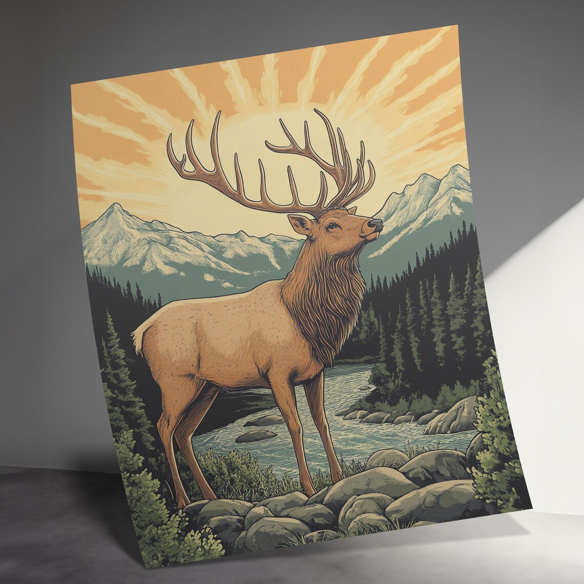 Majestic Elk Standing Rocky Stream Mountain Sunrise Retro Wildlife Poster - Image 3