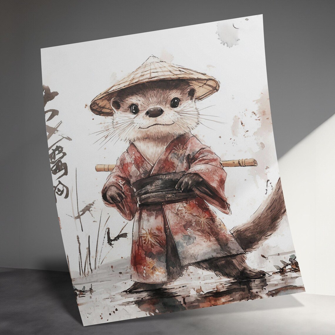 Cute Otter Samurai Kimono Straw Hat Japanese Watercolor Animal Art Poster - Image 3