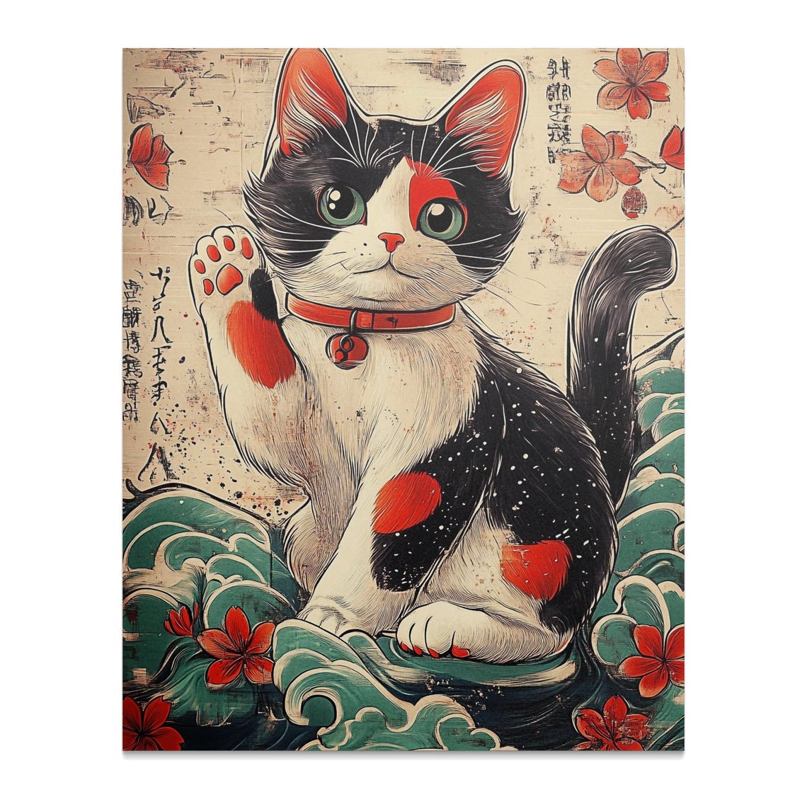 Maneki Neko Lucky Cat Waving Paw Japanese Cherry Blossom Poster - Image 2