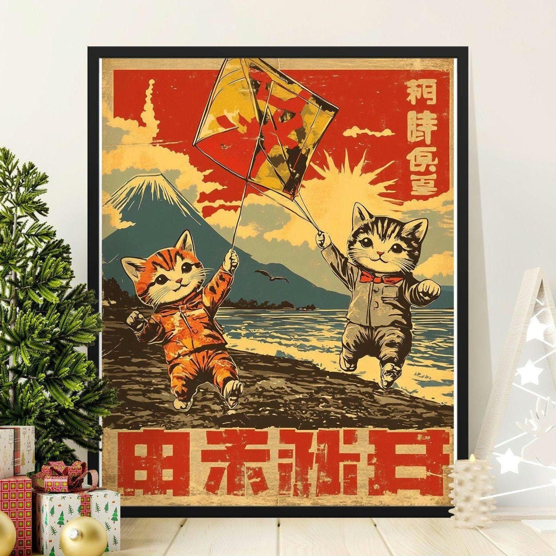 Cute Kittens Flying Kite Beach Mount Fuji Sunset Japanese Art Poster
