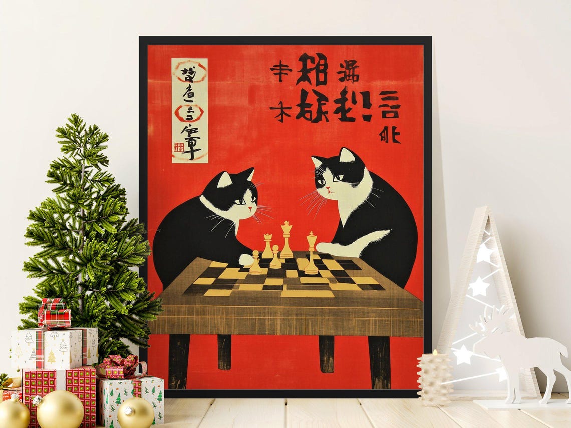 Two Tuxedo Cats Playing Chess Japanese Retro Style Game Room Poster