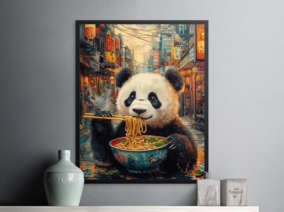 Cute Panda Eating Ramen In Japanese Street Alley Food Art Poster