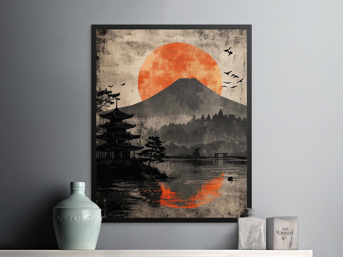 Mount Fuji Pagoda Lake Sunset Vintage Japanese Ink Travel Poster