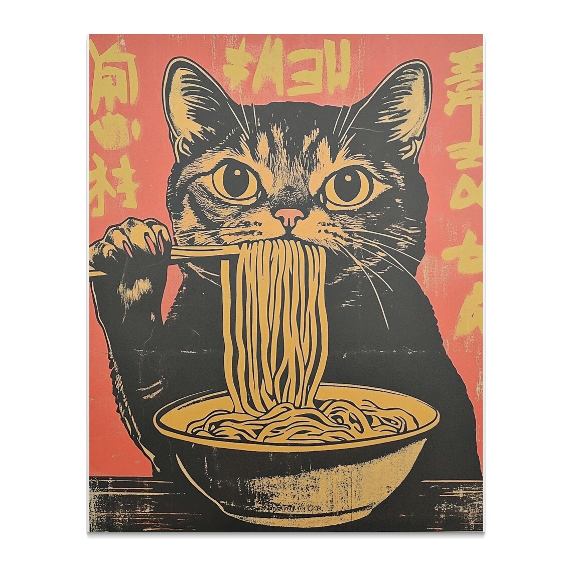 Black Cat Slurping Ramen Noodles Retro Japanese Noodle Shop Art Poster - Image 2