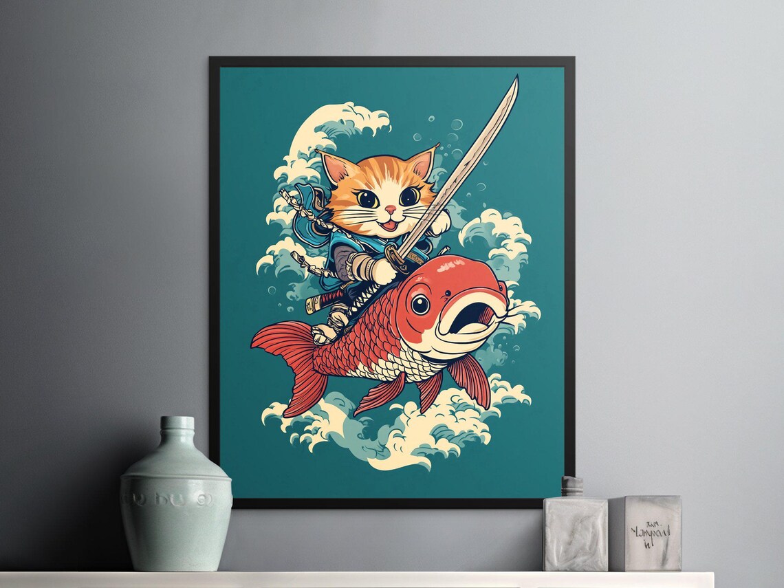 Samurai Kitten Riding Red Koi Fish Japanese Wave Adventure Cute Cat Poster - Image 2