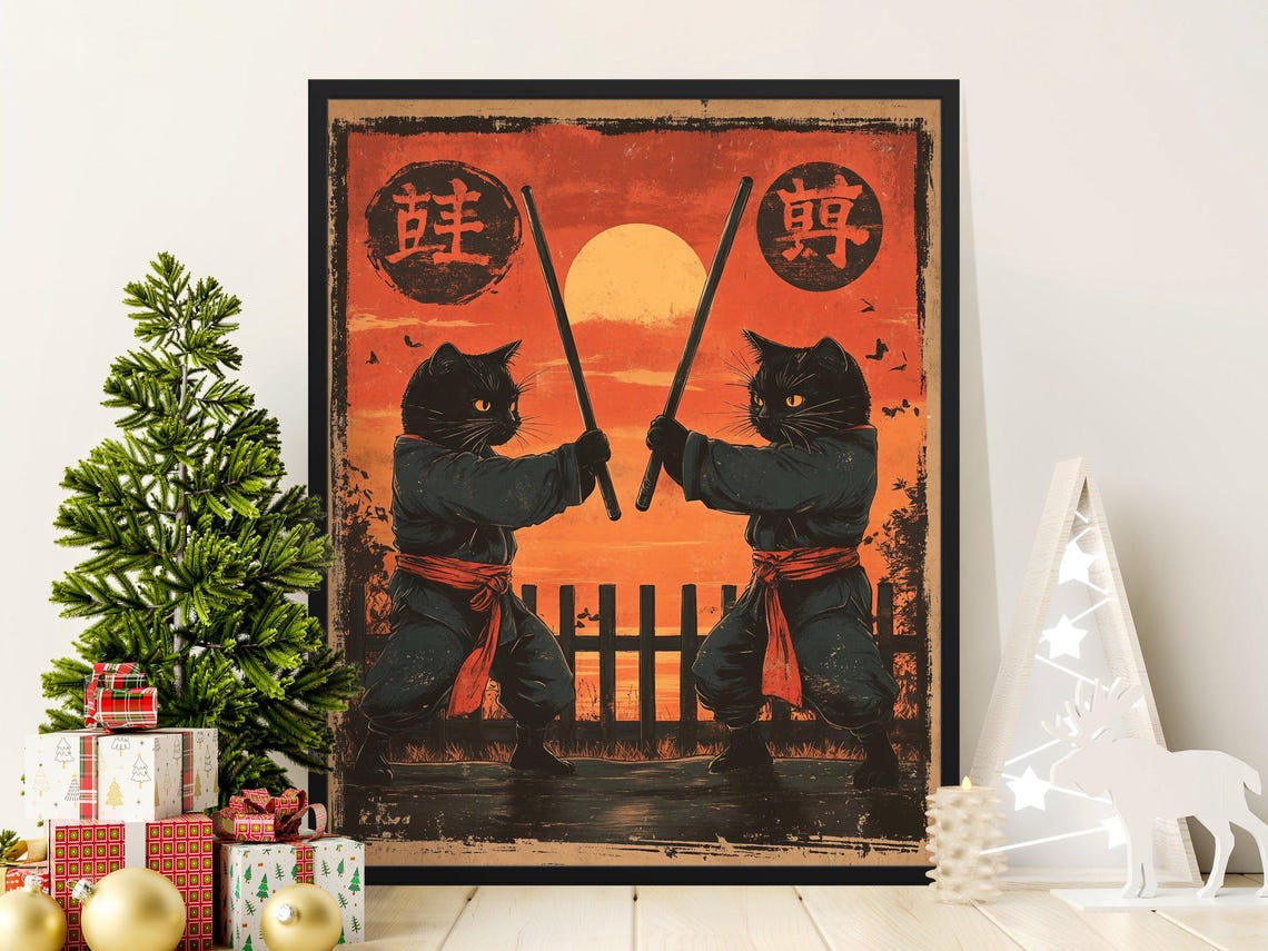 Ninja Cats Dueling With Staffs Sunset Battle Japanese Martial Poster