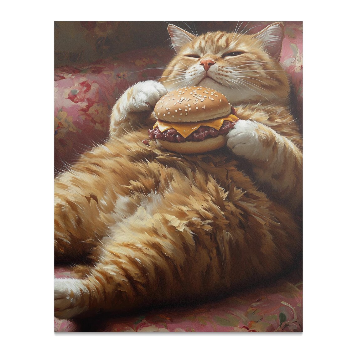 Chubby Orange Cat Holding Cheeseburger Relaxed Painterly Funny Pet Art Poster - Image 3