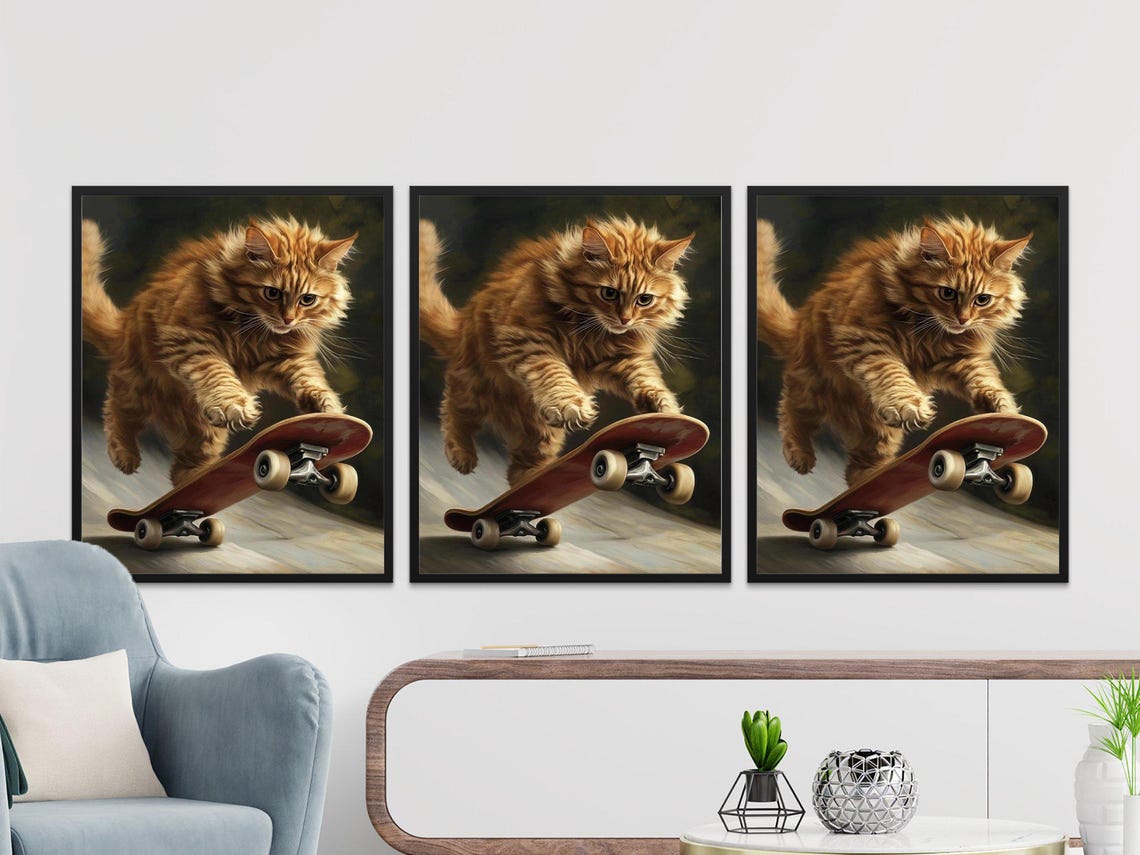 Fluffy Orange Tabby Cat Skateboarding Cool Action Trick Wall Art - Image 2