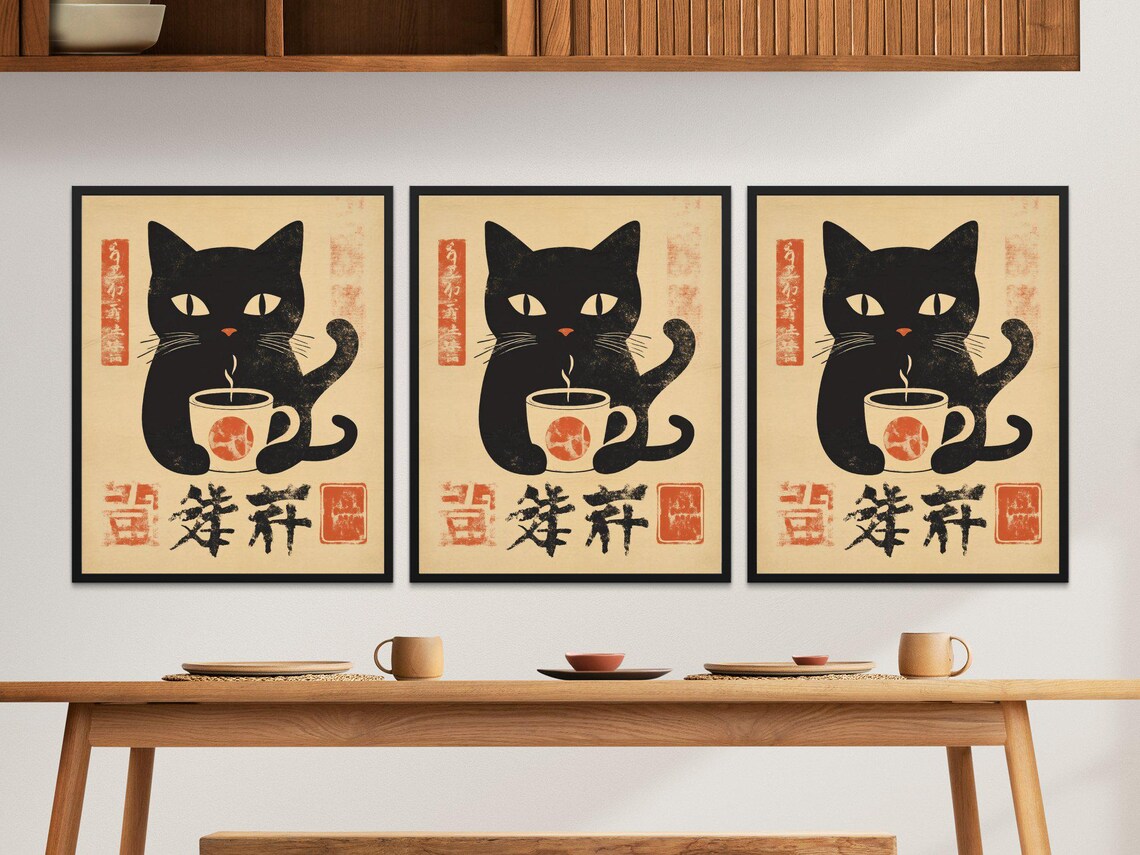 Vintage Black Cat Coffee Poster, Japanese Style - Image 2