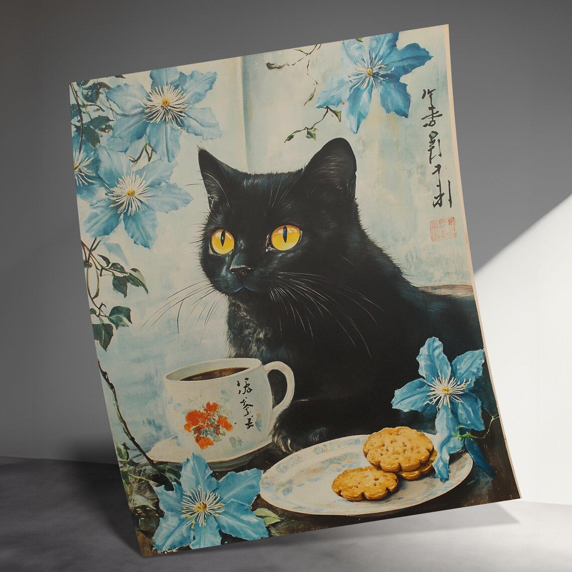 Black Cat With Tea And Cookies Blue Flowers Japanese Art Poster - Image 3